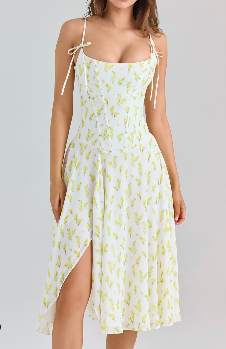 YVETTE' LEMON FLORAL PRINT GEORGETTE MIDI DRESS by House of CB available for hire in Barrack Point, NSW