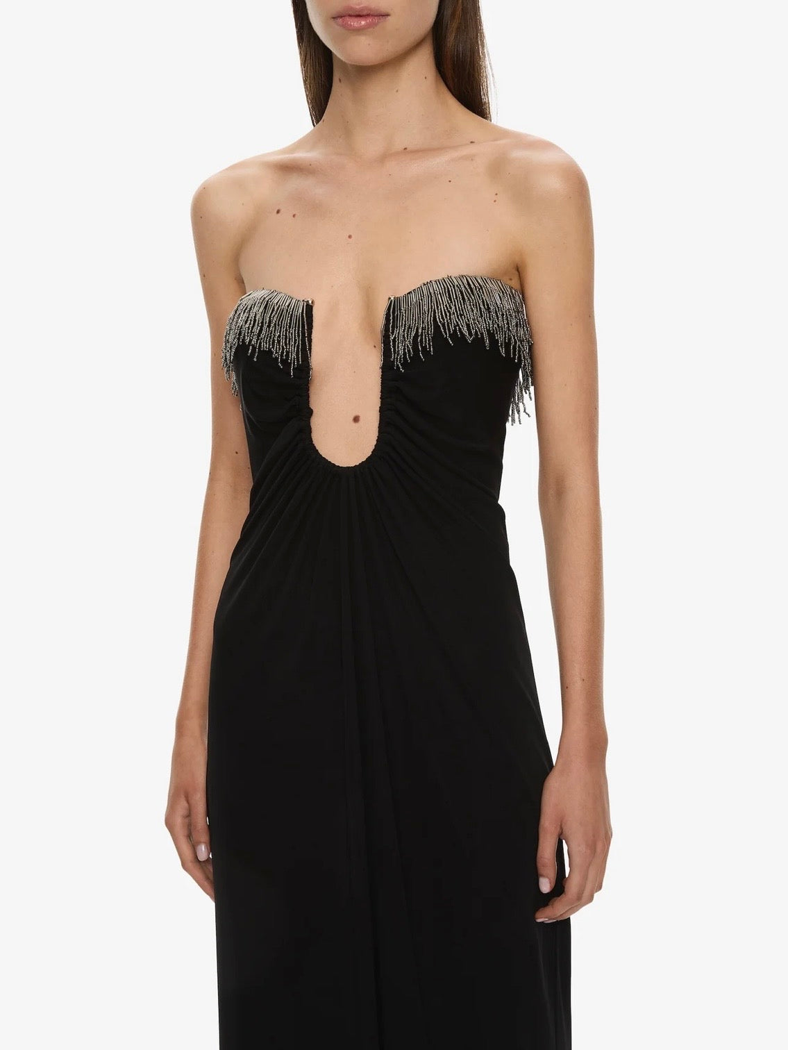 Arced Palm Strapless Fringe Dress by Christopher Esber available for hire in Mermaid Beach, QLD