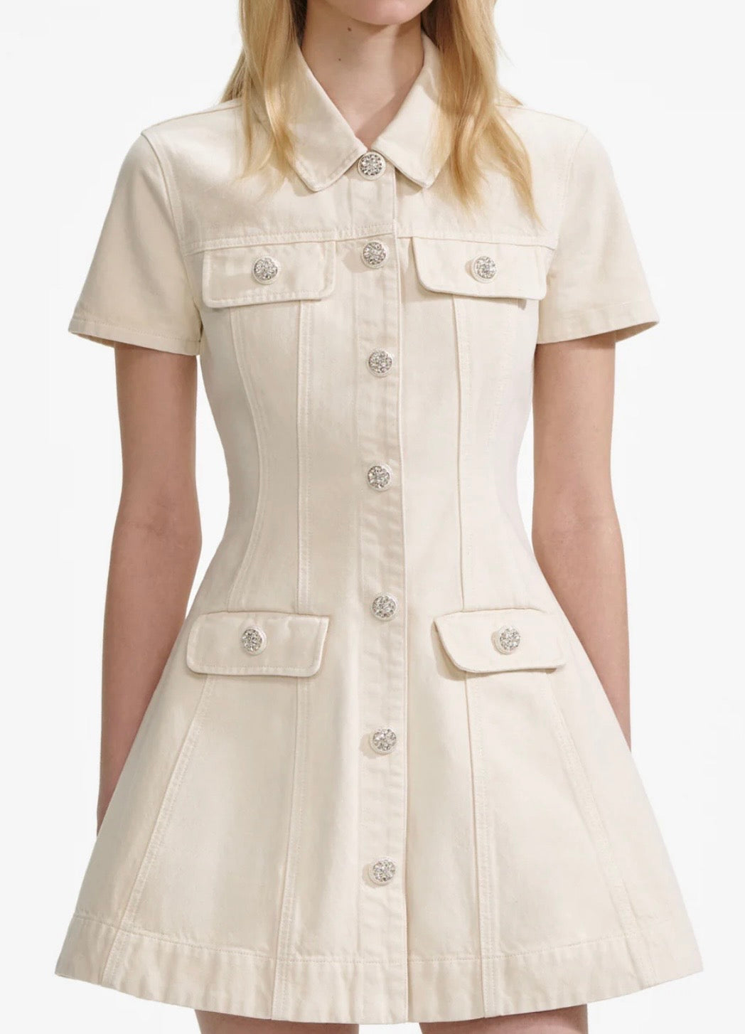 Cream Collard Denim Mini Dress by Self Portrait available for hire in Mermaid Beach, QLD
