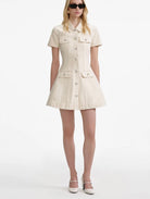 Cream Collard Denim Mini Dress by Self Portrait available for hire in Mermaid Beach, QLD
