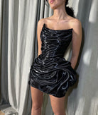 Chrishell liquid draped mini dress by Vildane kamerolli available for hire in Australia