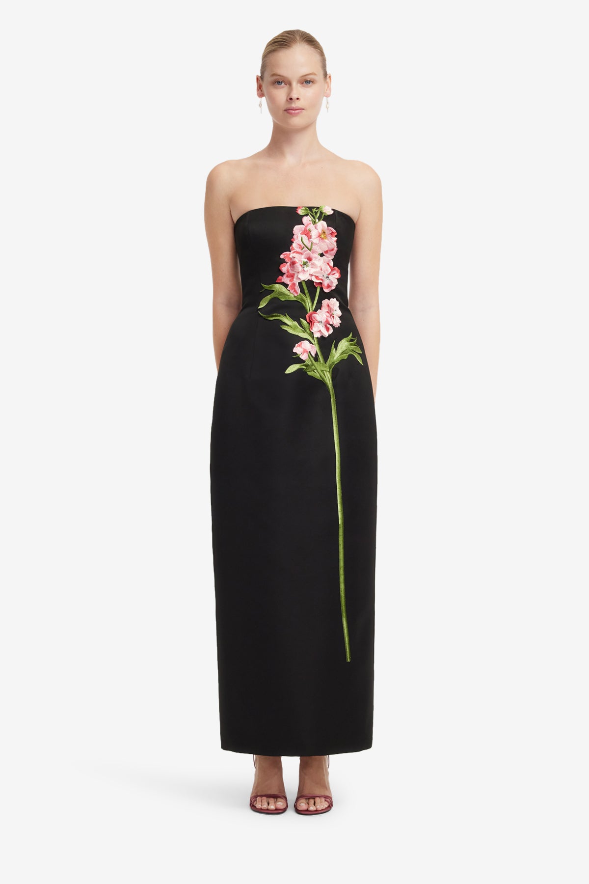 Rayna Embroidered Maxi Dress in Snapdragon Floral Print in Ebony by Leo Lin available for hire in Camp Hill, QLD