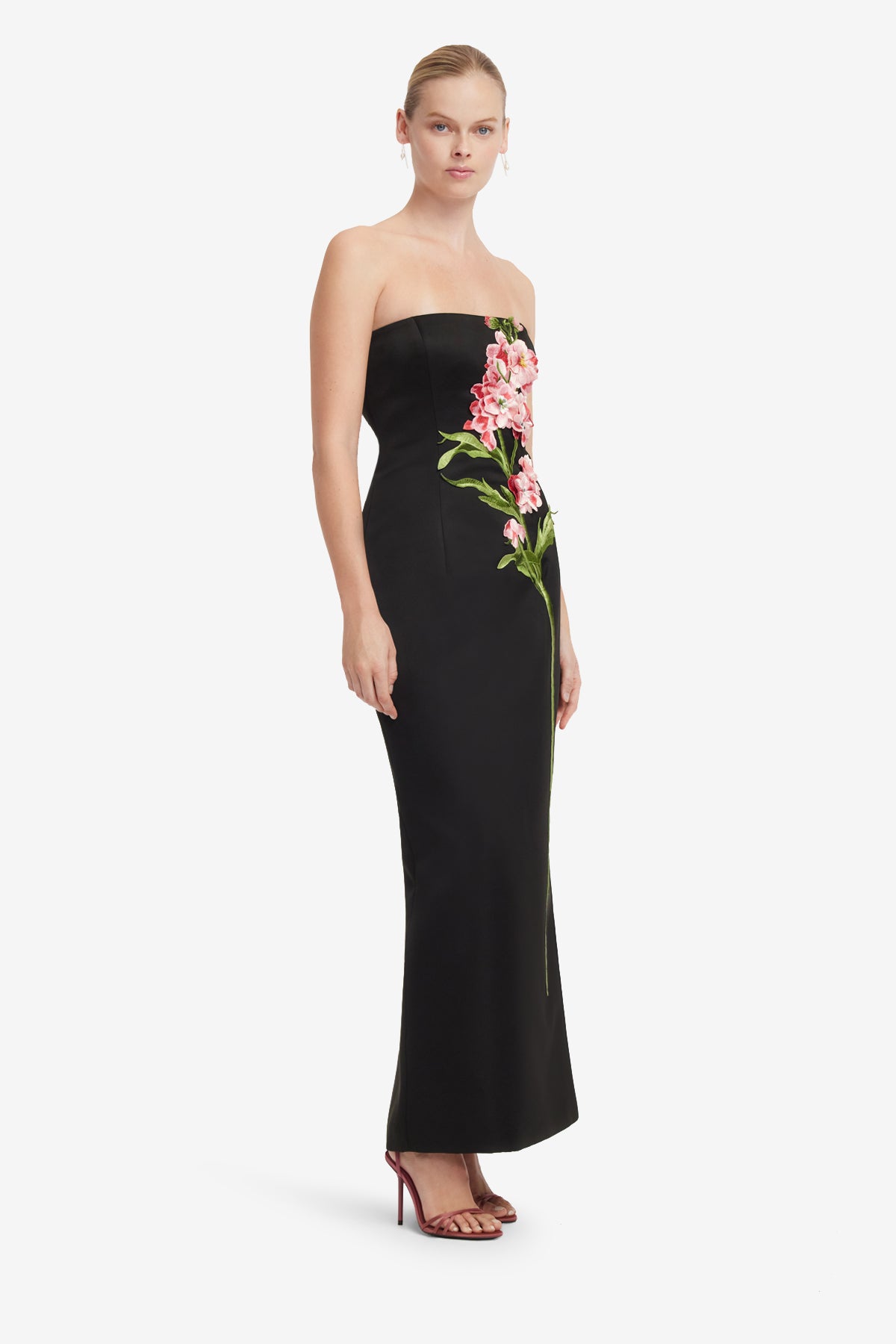 Rayna Embroidered Maxi Dress in Snapdragon Floral Print in Ebony by Leo Lin available for hire in Camp Hill, QLD