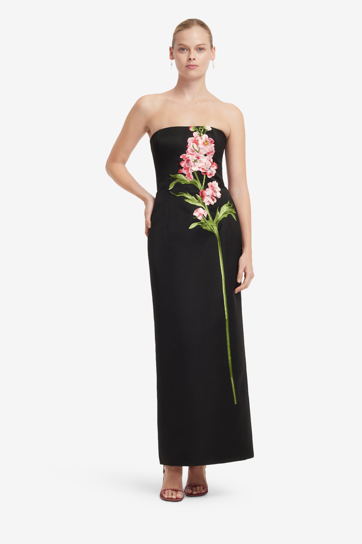Rayna Embroidered Maxi Dress in Snapdragon Floral Print in Ebony by Leo Lin available for hire in Camp Hill, QLD