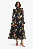 Leo Lin by Katrina Butterfly Sleeve Midi Dress in Lemon Vine Print in Ebony available for hire in Camp Hill, QLD