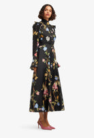 Leo Lin by Katrina Butterfly Sleeve Midi Dress in Lemon Vine Print in Ebony available for hire in Camp Hill, QLD