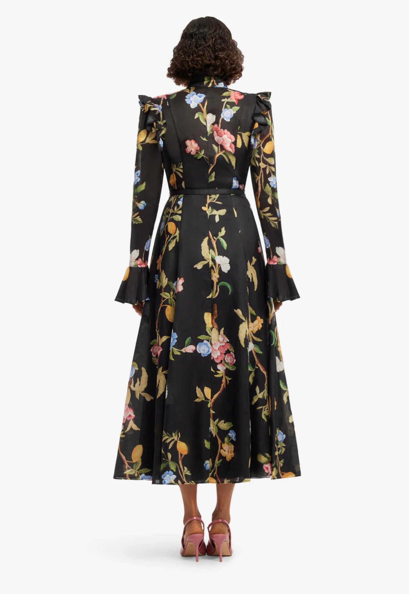 Leo Lin by Katrina Butterfly Sleeve Midi Dress in Lemon Vine Print in Ebony available for hire in Camp Hill, QLD