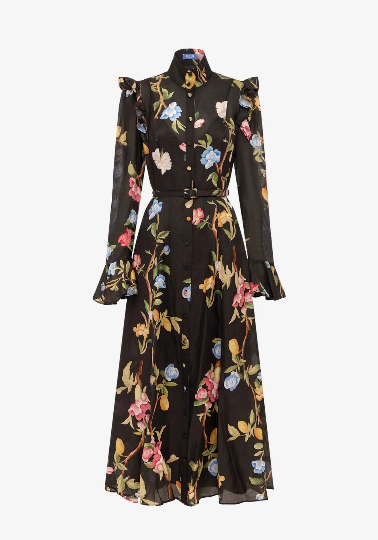 Leo Lin by Katrina Butterfly Sleeve Midi Dress in Lemon Vine Print in Ebony available for hire in Camp Hill, QLD