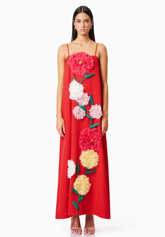 Buttercup Embroidered Maxi Dress In Red by Elliatt available for hire in Camp Hill, QLD