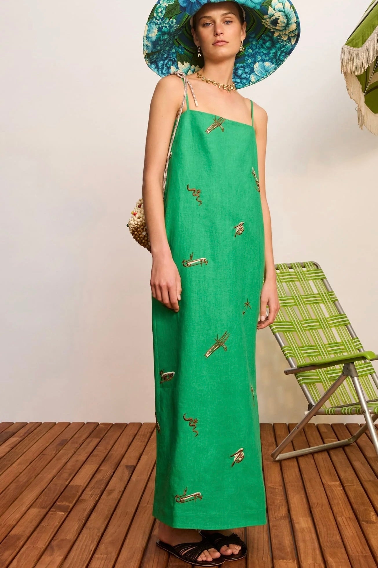 Wanda Embroided Midi Dress Green by Alemais available for hire in Camp Hill, QLD