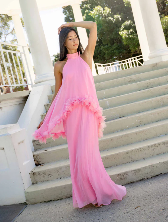 Poppy Cape Gown in Pink by Elliatt available for hire in Camp Hill, QLD