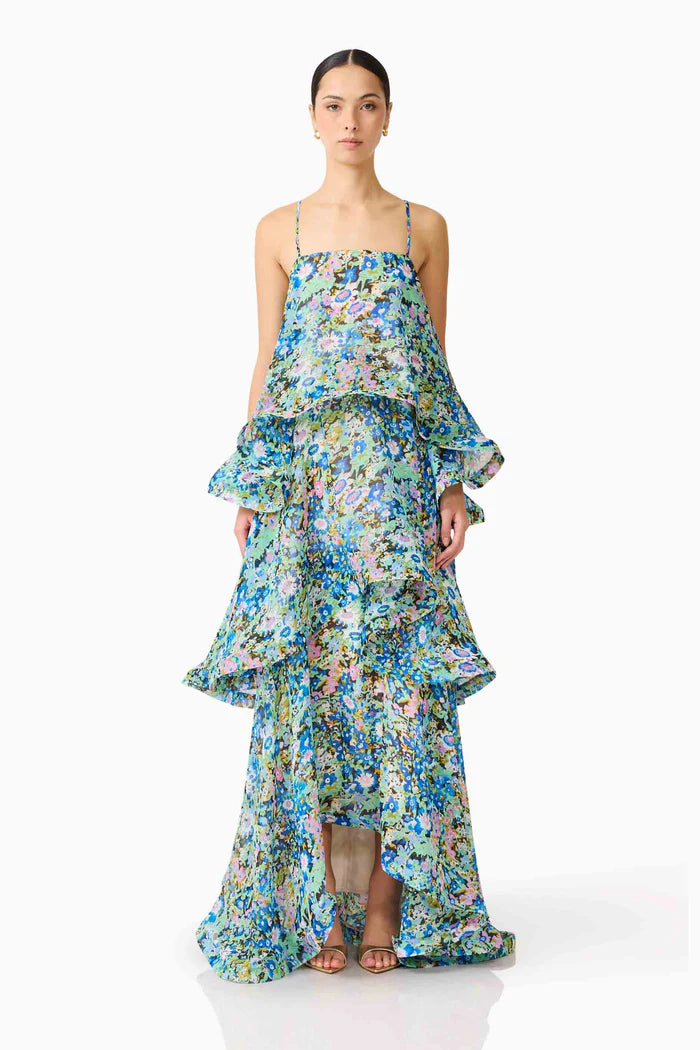 Armani Tiered Maxi Dress In Blue Floral by Elliatt available for hire in Camp Hill, QLD