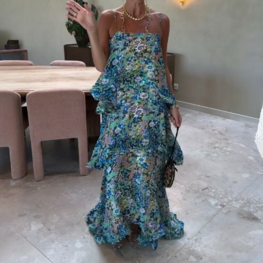 Armani Tiered Maxi Dress In Blue Floral by Elliatt available for hire in Camp Hill, QLD