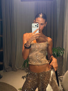 Deva Sequin Knit Corset Top in Sand by Jaded London available for hire in Bondi, NSW