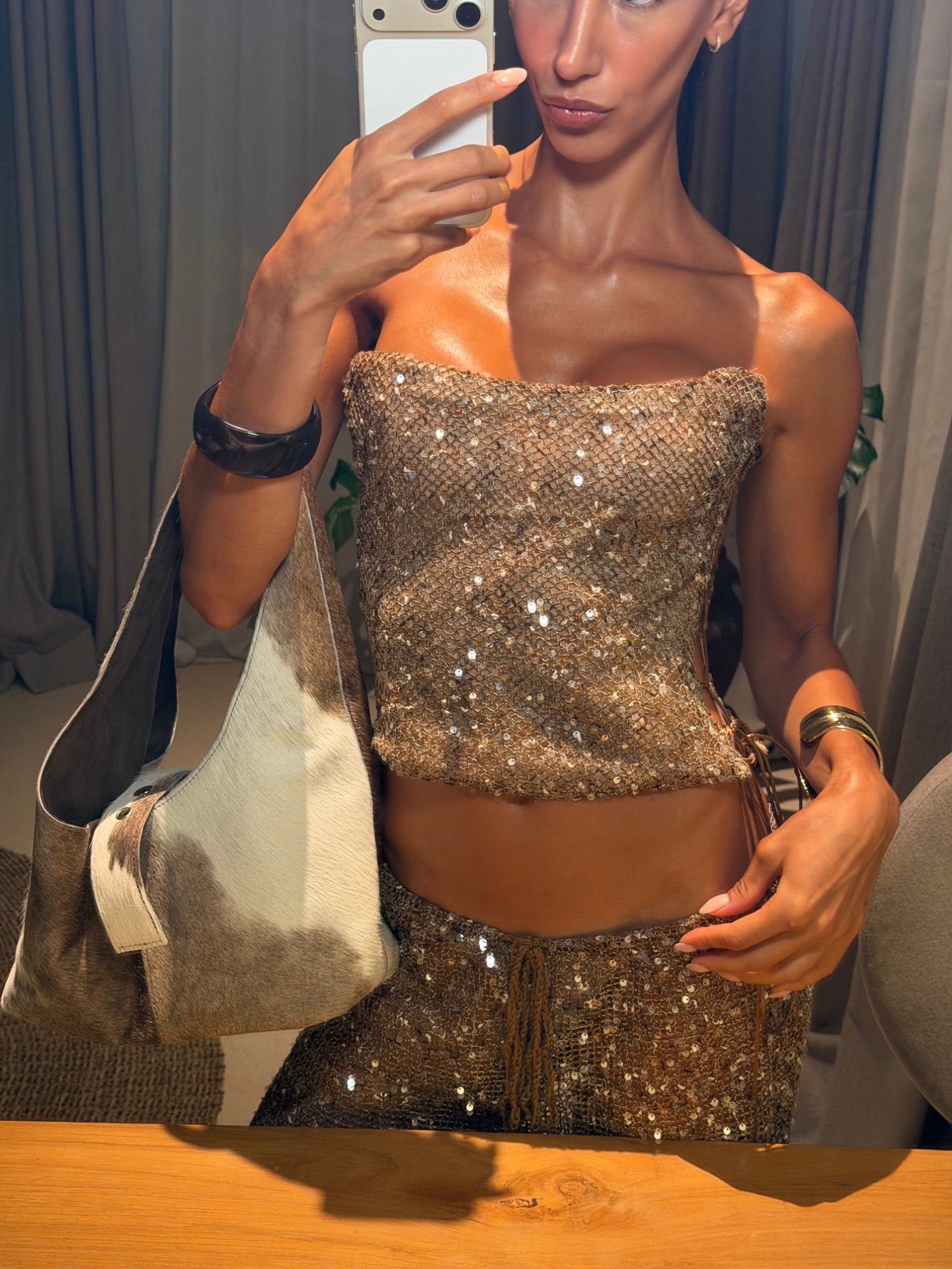 Deva Sequin Knit Corset Top in Sand by Jaded London available for hire in Bondi, NSW