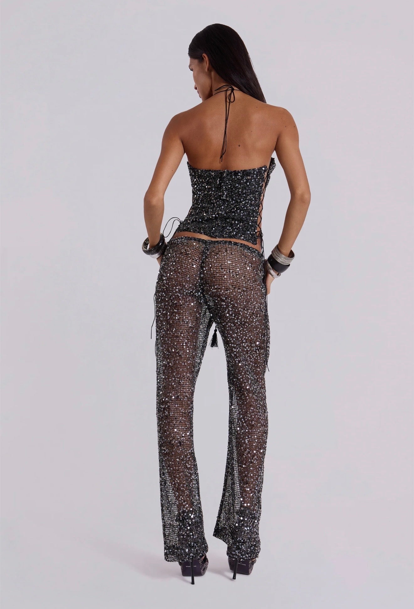 Deva Sequin Knit Corset Top in Midnight by Jaded London available for hire in Bondi, NSW