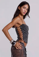 Deva Sequin Knit Corset Top in Midnight by Jaded London available for hire in Bondi, NSW