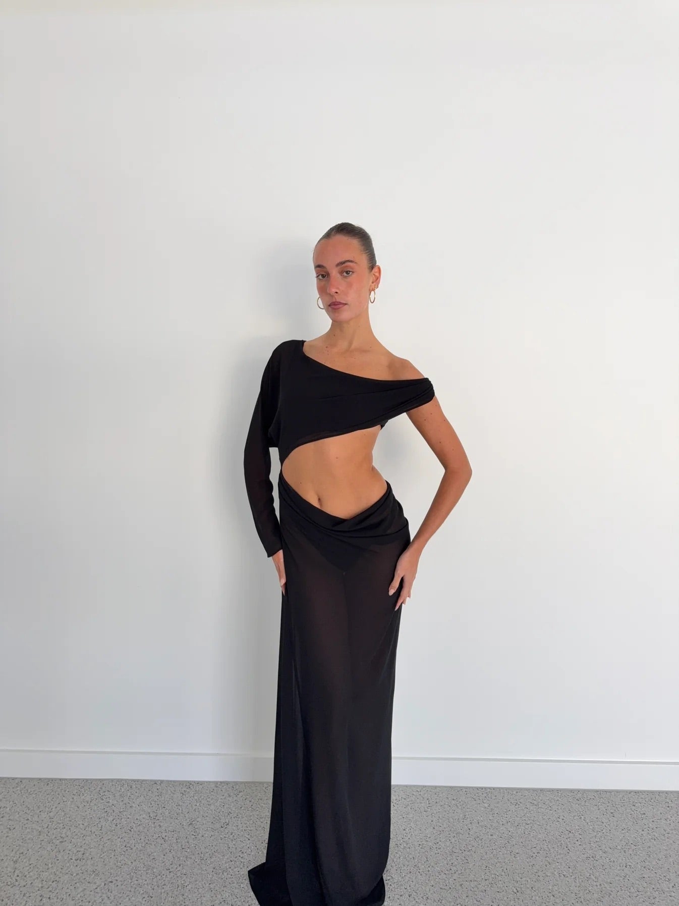 Imogen Maxi in Black by Natalie Rolt available for hire in Gold Coast, QLD