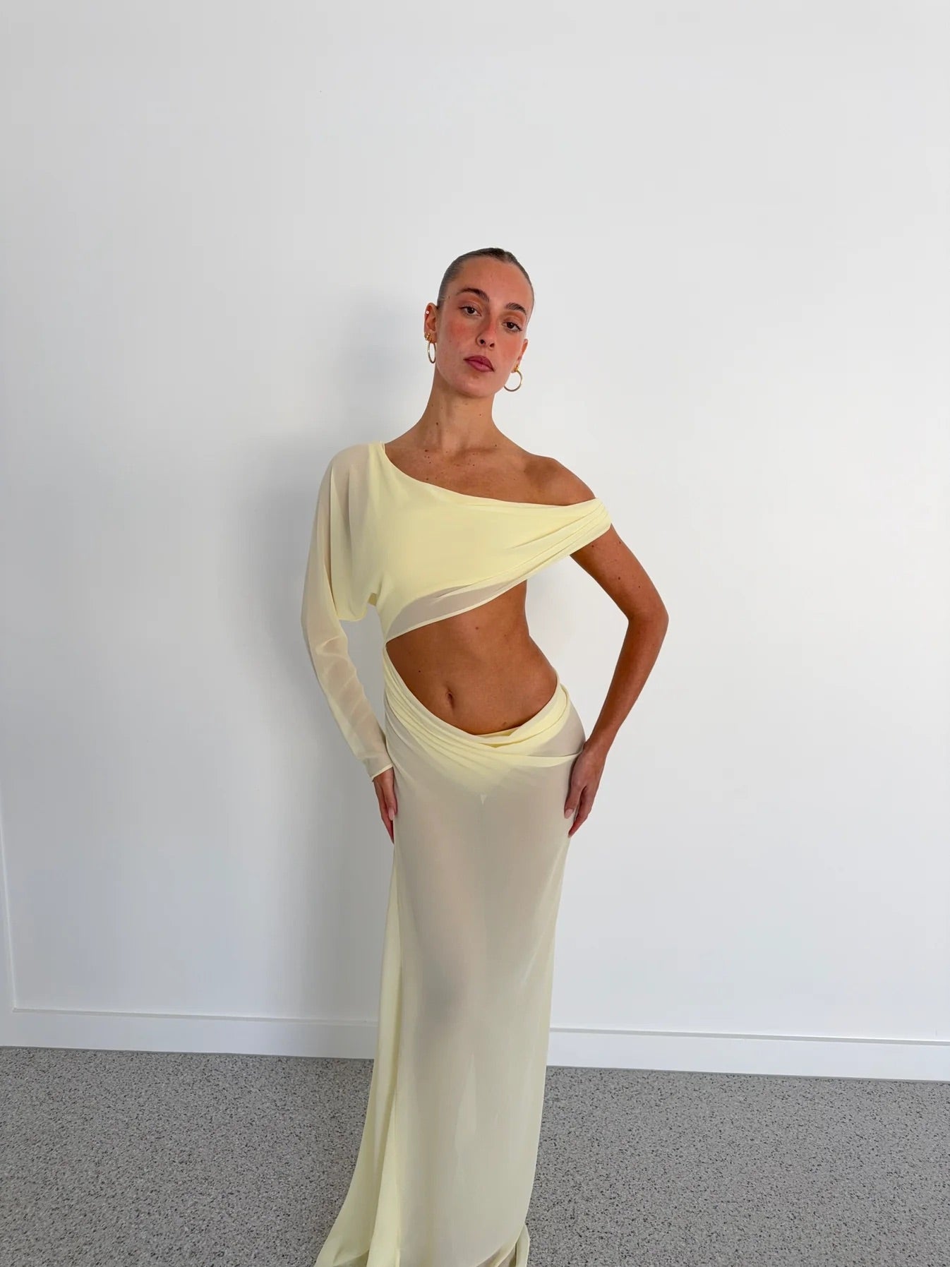 Imogen Maxi in Lemon by Natalie Rolt available for hire in Gold Coast, QLD