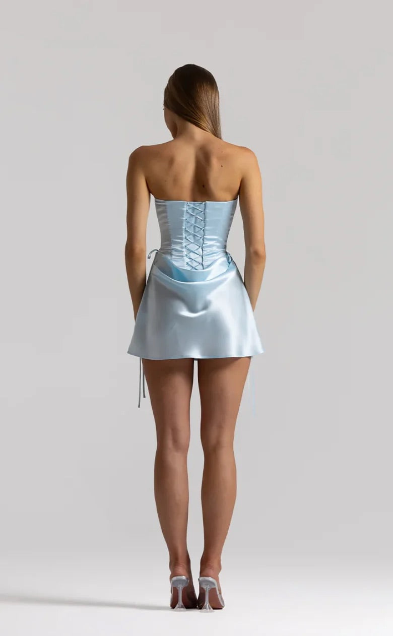 Elina Bustier + Evelyn Mini in Ice Blue by Natalie Rolt available for hire in Gold Coast, QLD