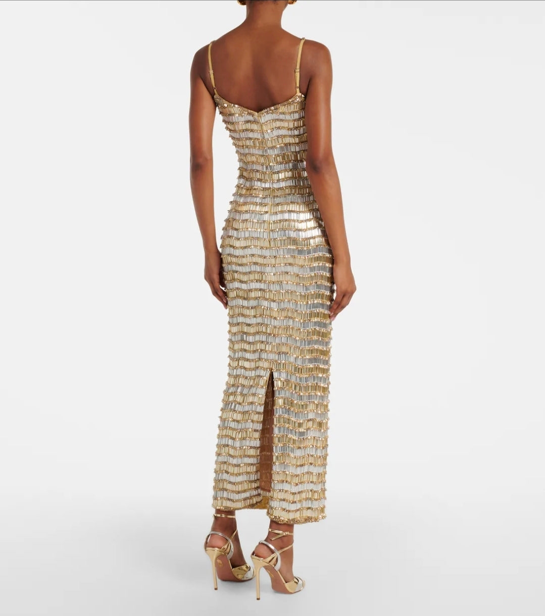 Rachel Gilbert Zeph Gown Gold Silver 4/AU14 by Rachel Gilbert available for hire in Hampton East, VIC