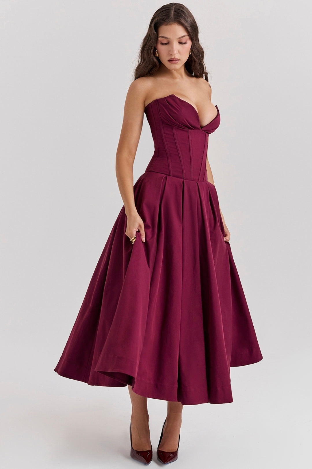 Lady Wine Strapless Midi Dress Size M by House of CB available for hire in Hampton East, VIC