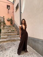 Landon Gown Espresso by Jefre Sei available for hire in Hampton East, VIC