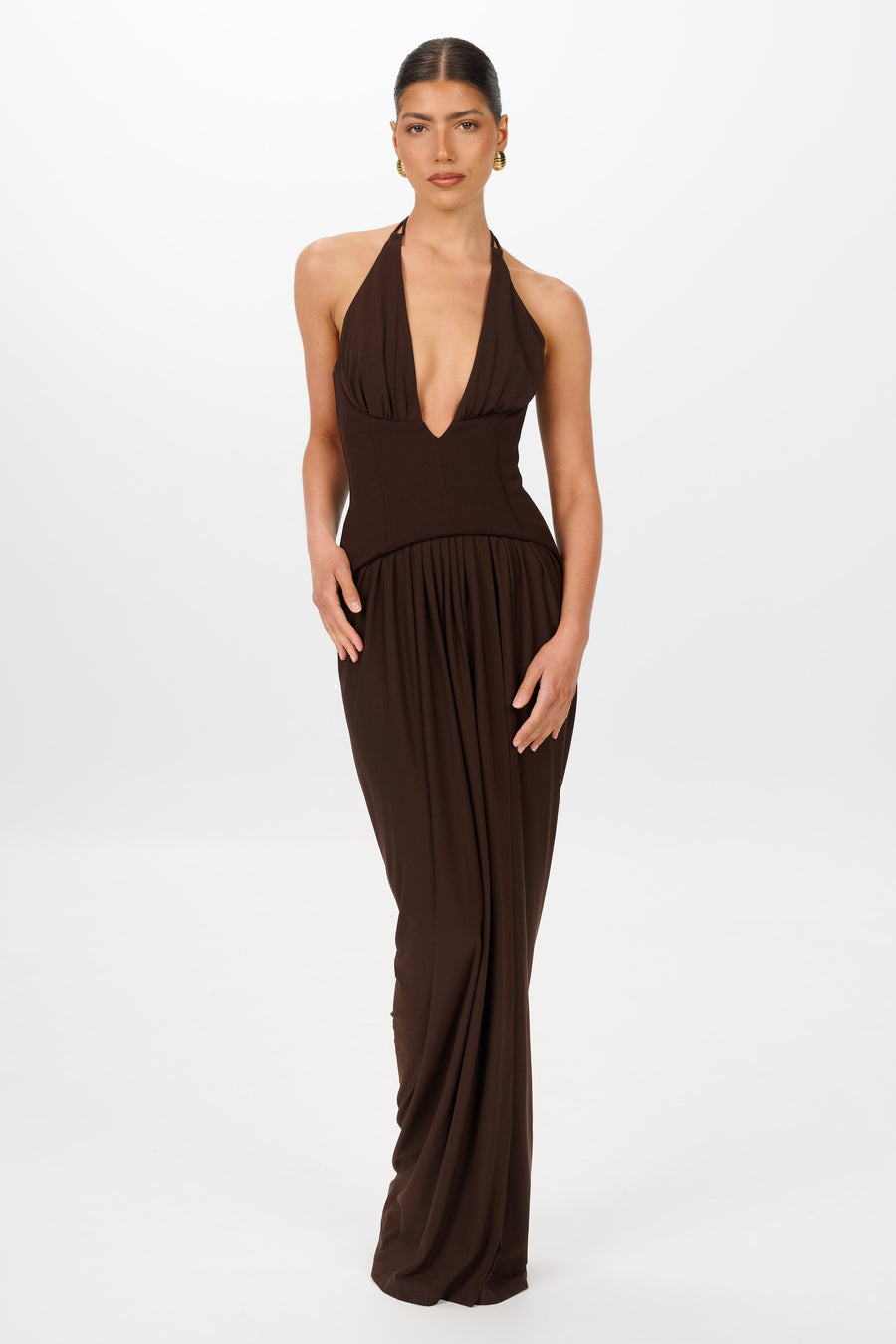 Landon Gown Espresso by Jefre Sei available for hire in Hampton East, VIC