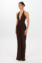 Landon Gown Espresso by Jefre Sei available for hire in Hampton East, VIC