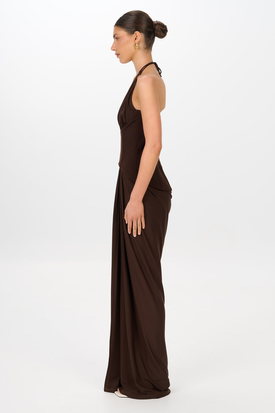 Landon Gown Espresso by Jefre Sei available for hire in Hampton East, VIC