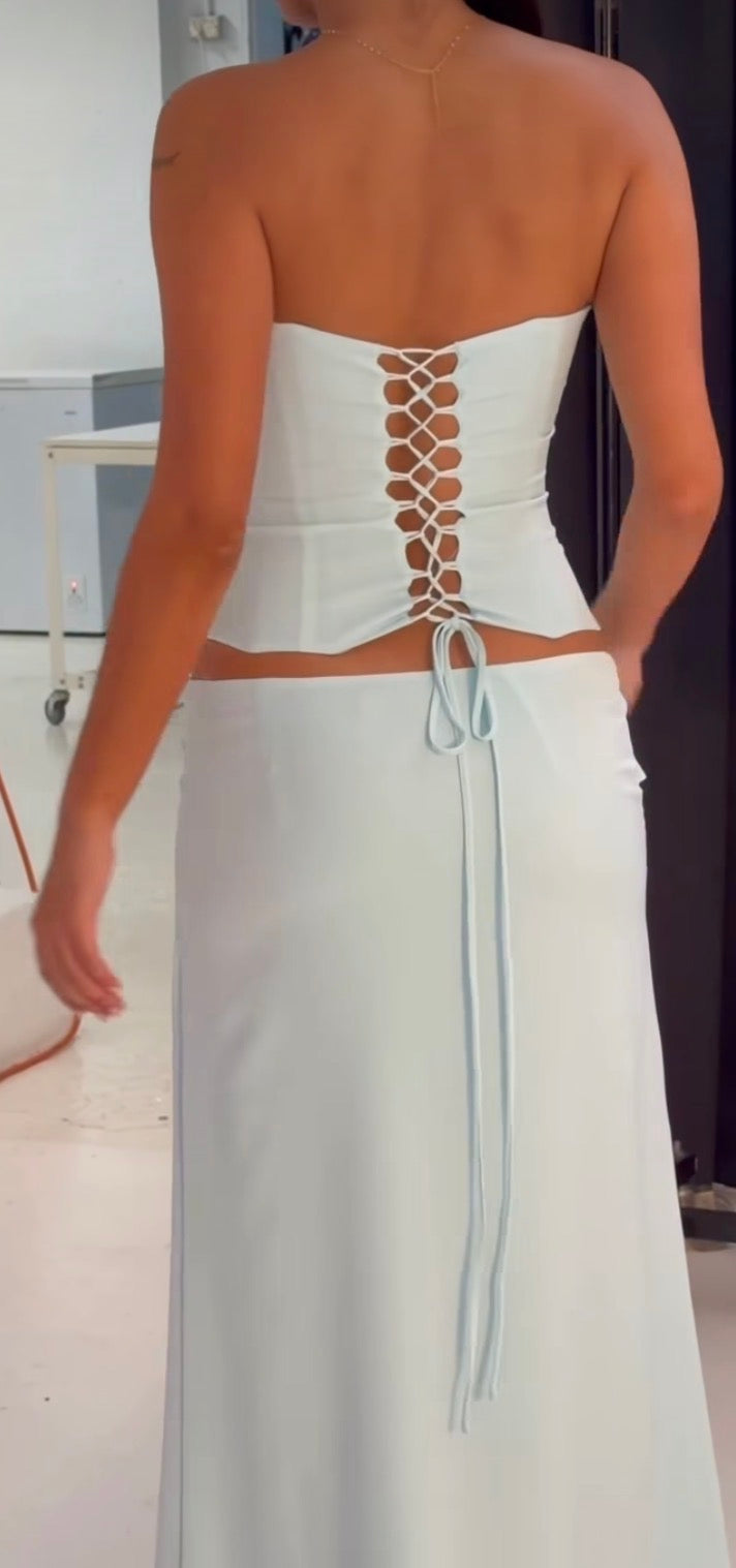 Charlotte corset top (M) maxi skirt (S) by Dear Frankie  available for hire in Tanilba bay , NSW