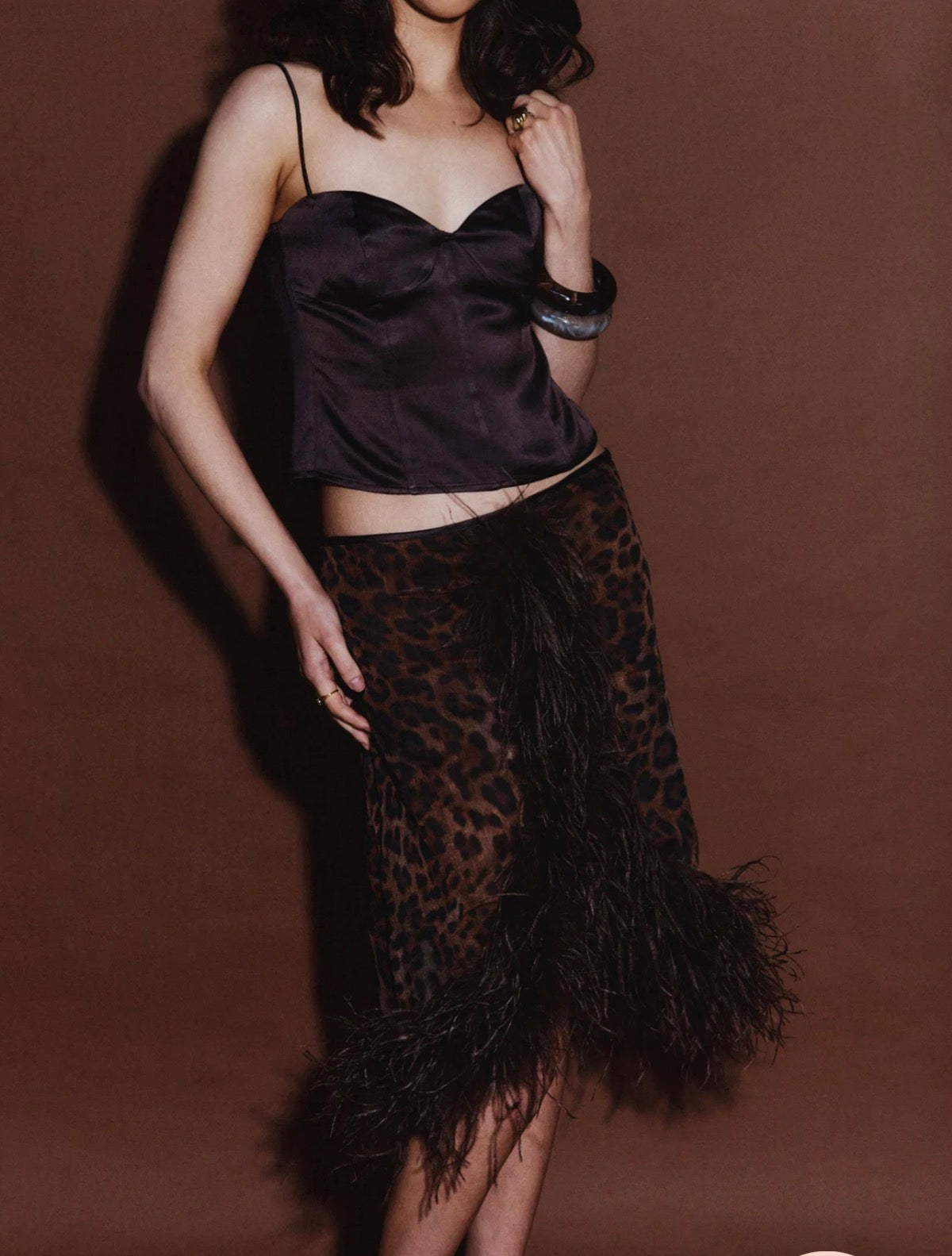 Gigi leapard feather skirt and Emma top  by Bubish Luxe  available for hire in Tanilba bay , NSW