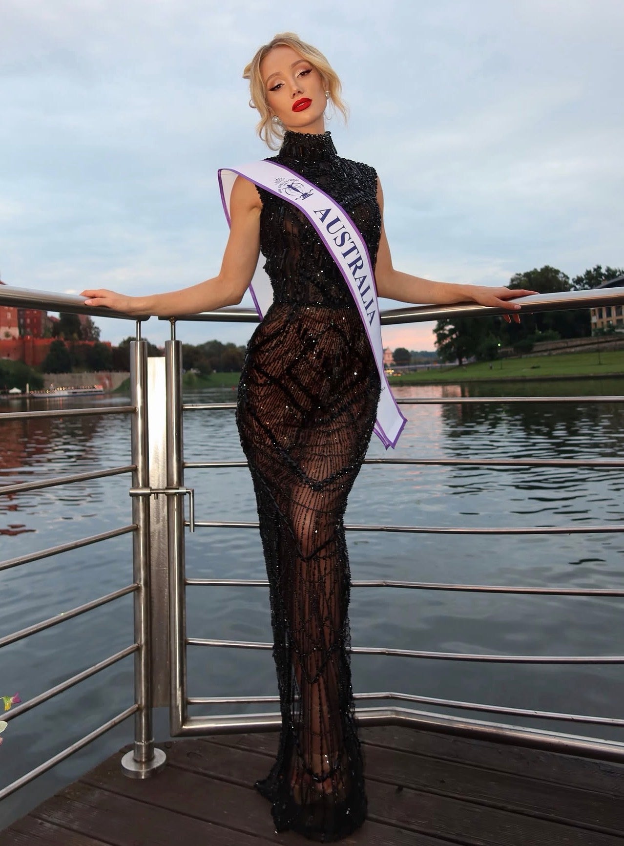 Black high neck crystal beaded gown  by Albina Dyla available for hire in Sydney , NSW