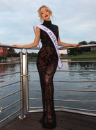Black high neck crystal beaded gown  by Albina Dyla available for hire in Sydney , NSW