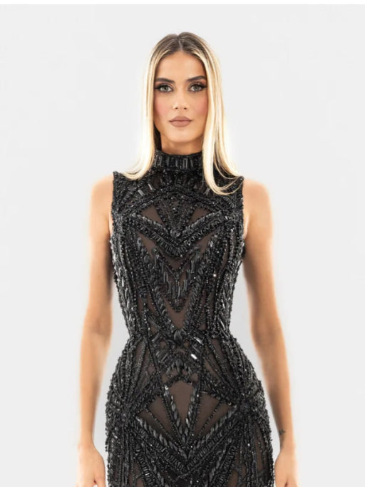 Black high neck crystal beaded gown  by Albina Dyla available for hire in Sydney , NSW