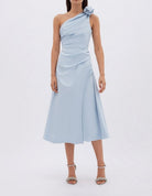 Beki Taffeta Midi Dress Ice Blue Size 10 by Rachel Gilbert available for hire in Hampton East, VIC