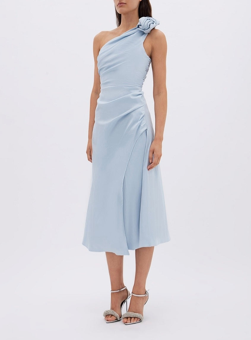 Beki Taffeta Midi Dress Ice Blue Size 10 by Rachel Gilbert available for hire in Hampton East, VIC