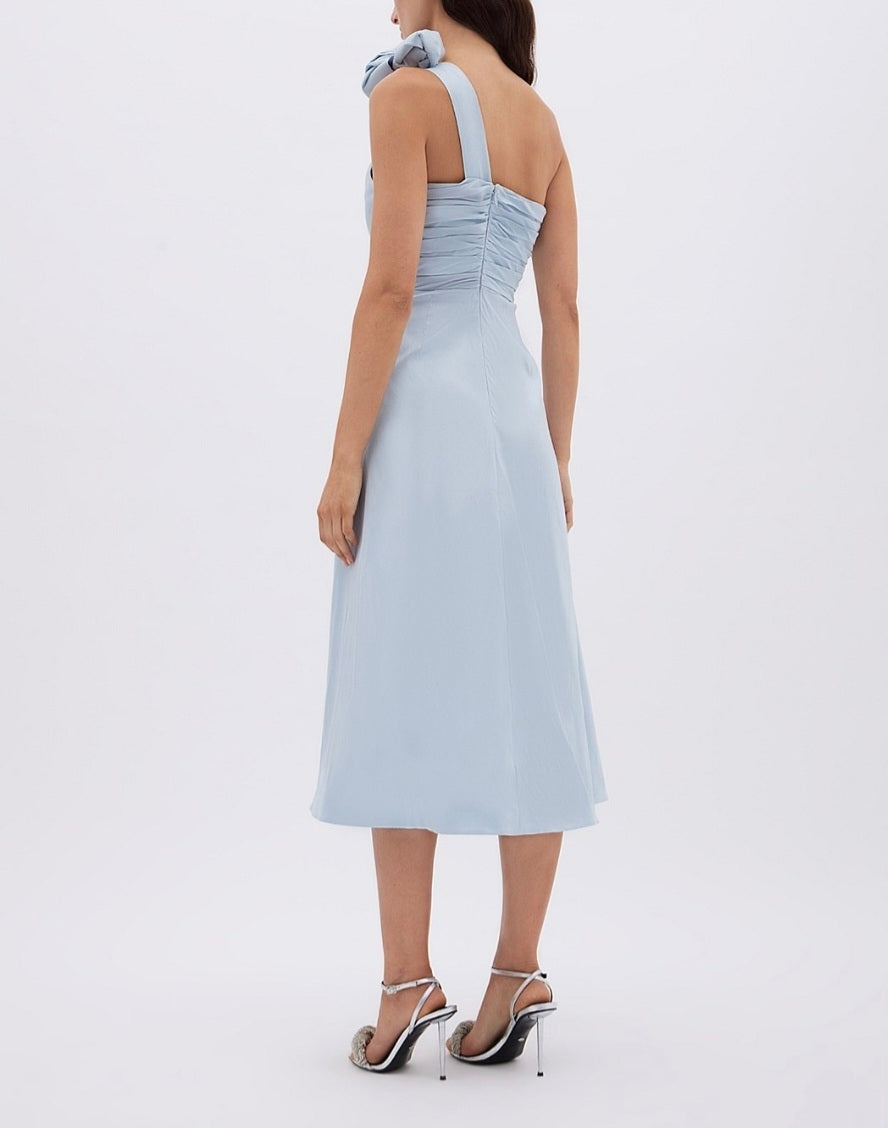 Beki Taffeta Midi Dress Ice Blue Size 10 by Rachel Gilbert available for hire in Hampton East, VIC