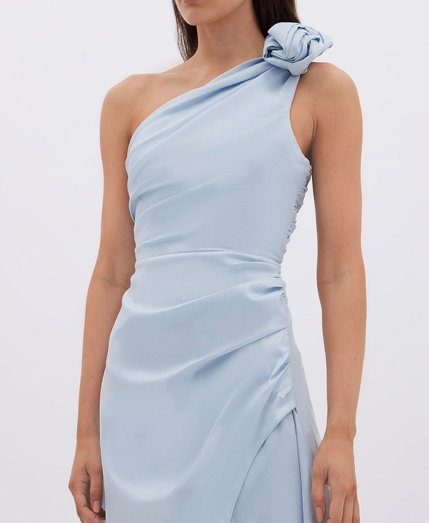 Beki Taffeta Midi Dress Ice Blue Size 10 by Rachel Gilbert available for hire in Hampton East, VIC