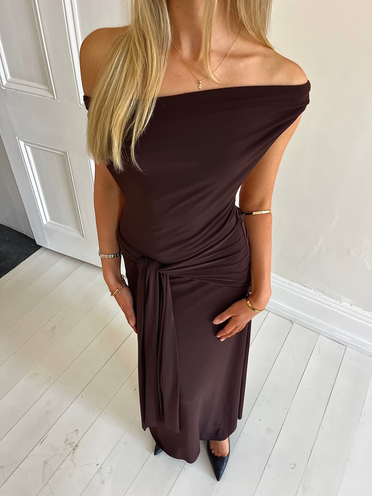 Nadia maxi dress brown  by Lamarie available for hire in Gold Coast, Queensland