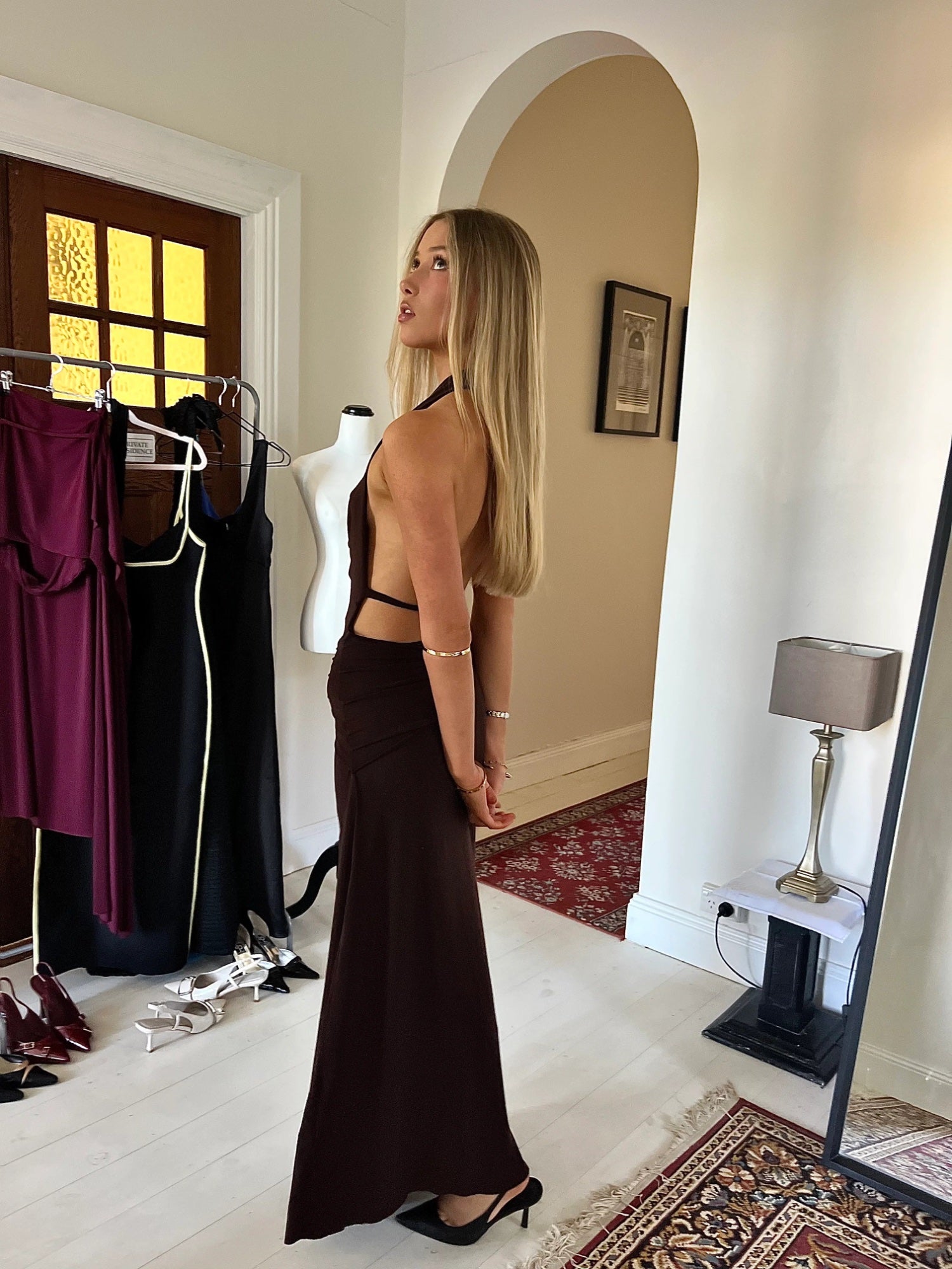 Nadia maxi dress brown  by Lamarie available for hire in Gold Coast, Queensland