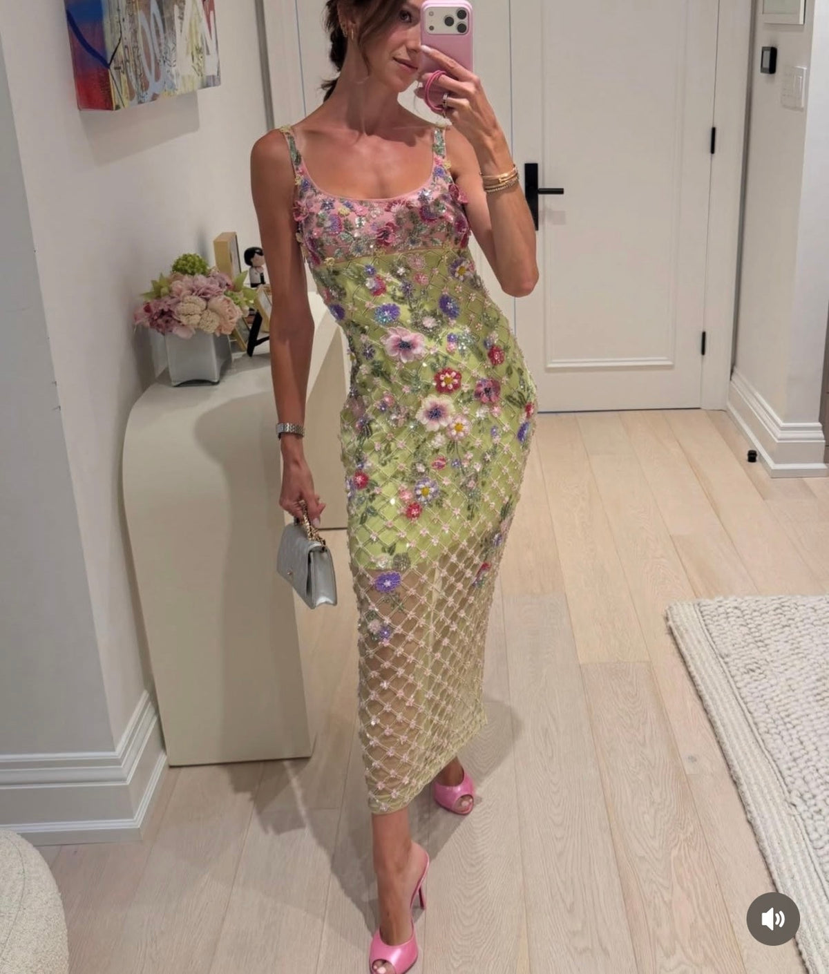 La Fuori Gilded Flora Midi Dress — floral and lattice detailing
