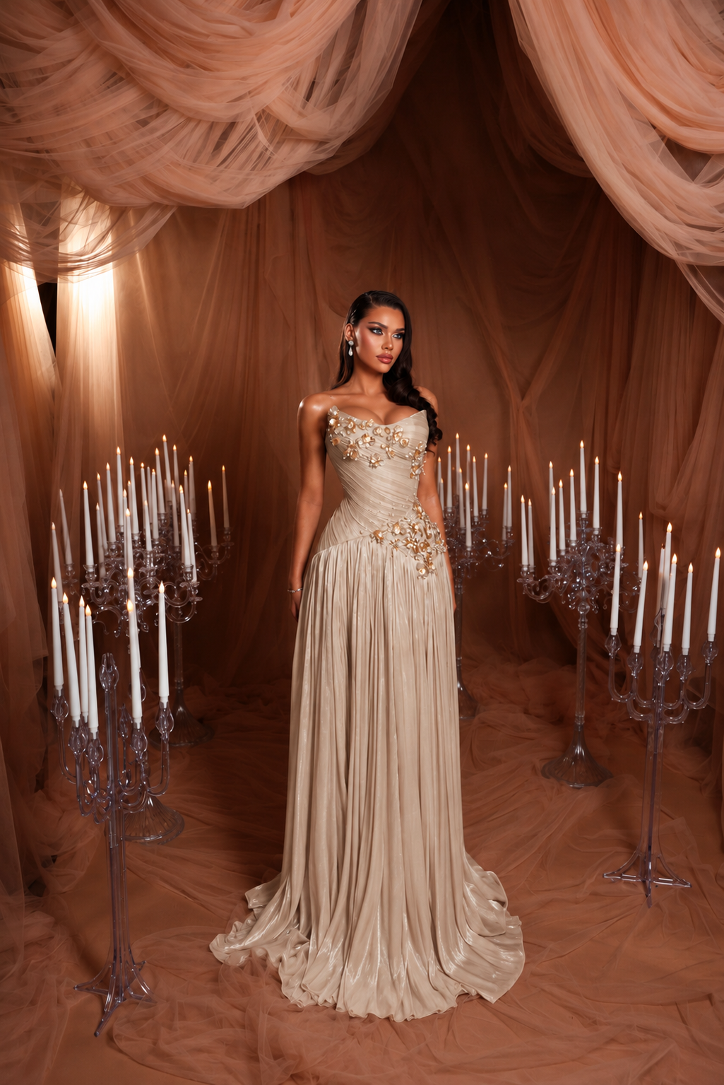 Draped Gown With Golden Appliqué Details