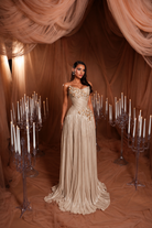 Draped Gown With Golden Appliqué Details
