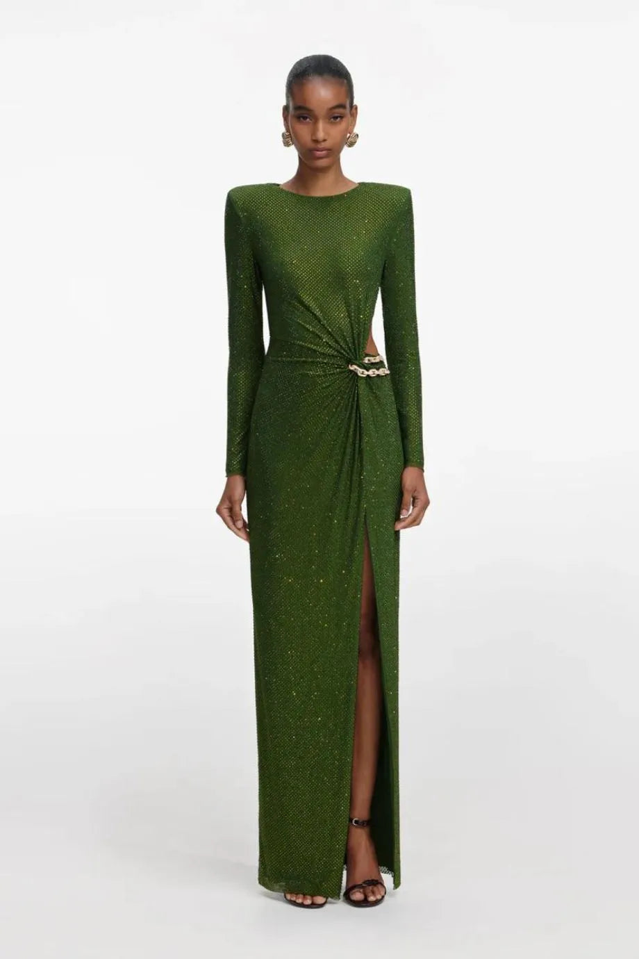 Self Portrait Olive Rhinestone Embellished Maxi Dress