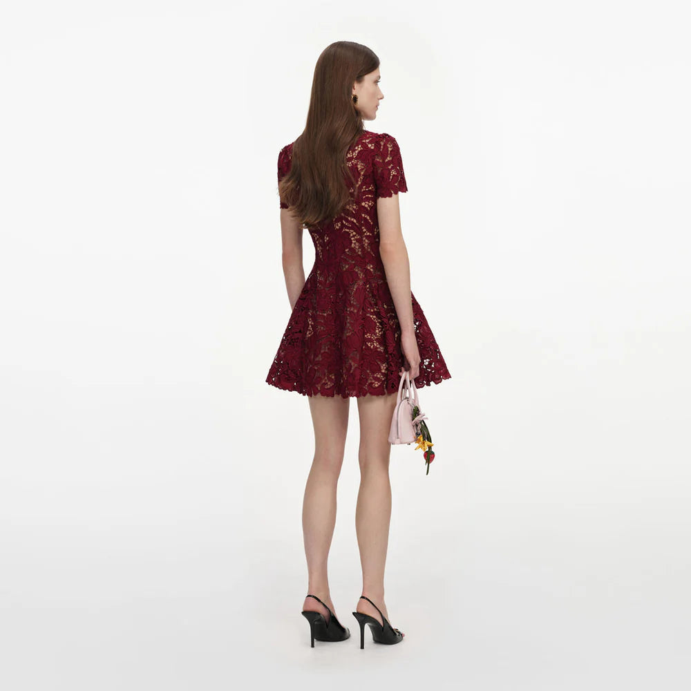 Self-Portrait Burgundy Lace Mini Dress back